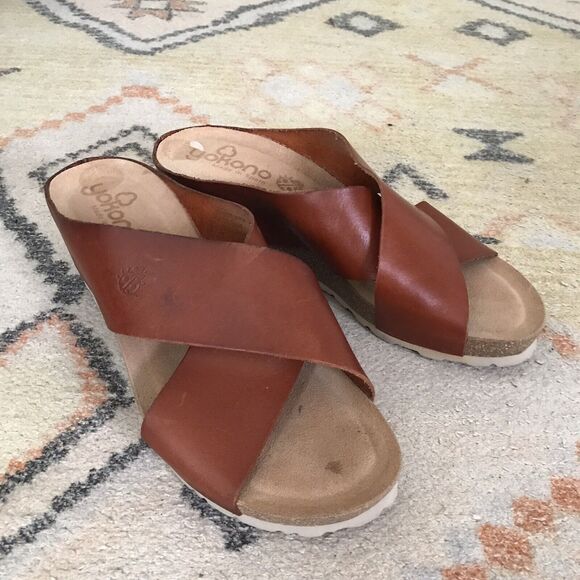 Yokono Brown Genuine Leather Open Toe Wedge Slide On Platform Sandals - 7 1/2 - Picture 2 of 6